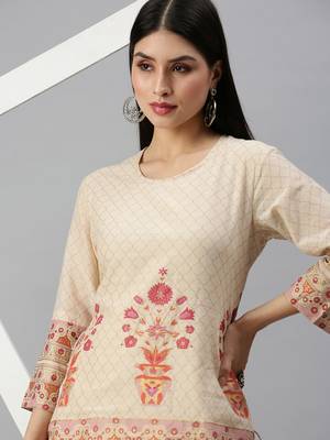 women's round neck floral foil print cream straight kurti and sharara 3