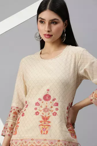 women's round neck floral foil print cream straight kurti and sharara