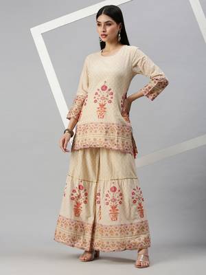 women's round neck floral foil print cream straight kurti and sharara 4