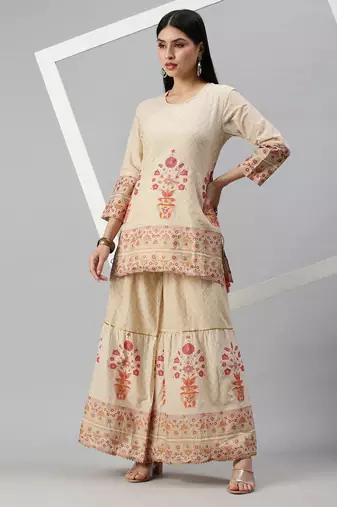 women's round neck floral foil print cream straight kurti and sharara