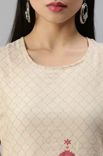 women's round neck floral foil print cream straight kurti and sharara