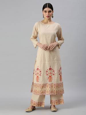 women's round neck floral foil print cream straight kurta and trouser 1
