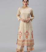 women's round neck floral foil print cream straight kurta and trouser