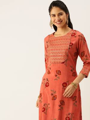 women's round neck floral foil print rust straight kurta and palazzos 1