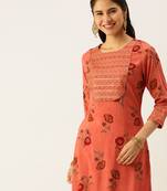 women's round neck floral foil print rust straight kurta and palazzos