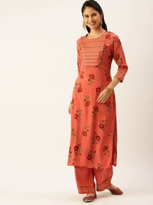 women's round neck floral foil print rust straight kurta and palazzos 2