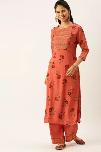 women's round neck floral foil print rust straight kurta and palazzos