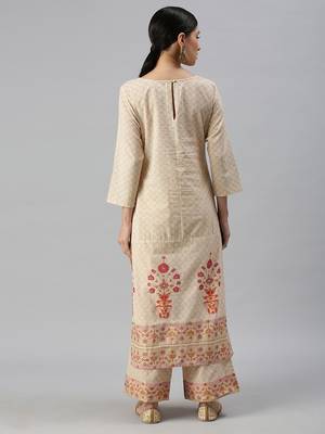 women's round neck floral foil print cream straight kurta and trouser 2