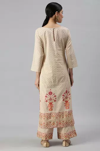 women's round neck floral foil print cream straight kurta and trouser