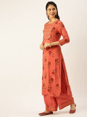 women's round neck floral foil print rust straight kurta and palazzos 3