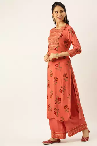 women's round neck floral foil print rust straight kurta and palazzos