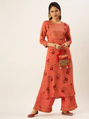 women's round neck floral foil print rust straight kurta and palazzos 4