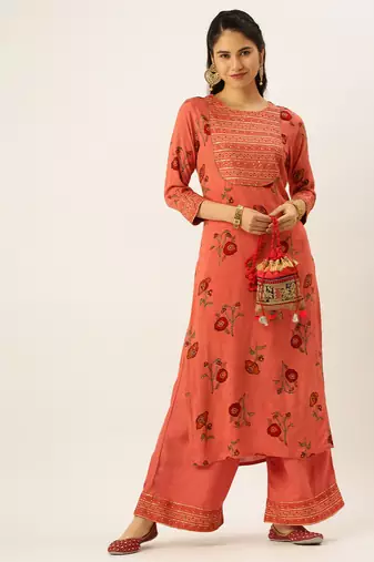 women's round neck floral foil print rust straight kurta and palazzos
