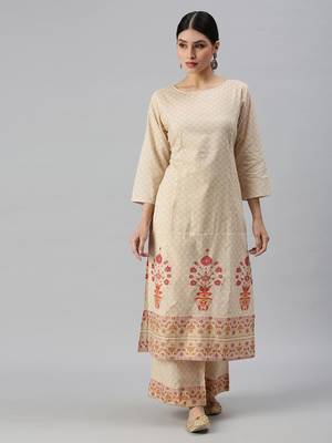 women's round neck floral foil print cream straight kurta and trouser 3