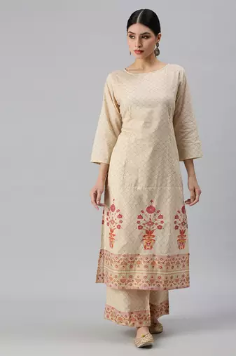 women's round neck floral foil print cream straight kurta and trouser