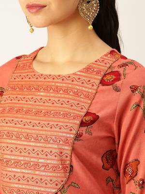 women's round neck floral foil print rust straight kurta and palazzos 5