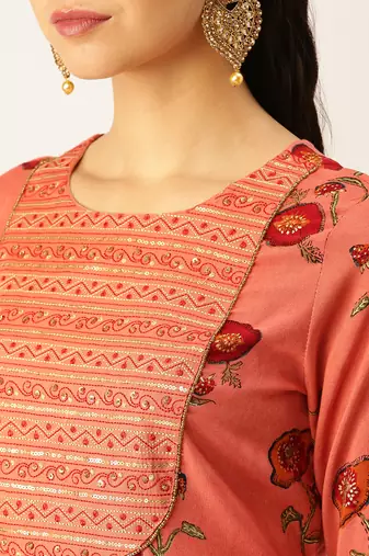 women's round neck floral foil print rust straight kurta and palazzos