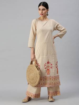 women's round neck floral foil print cream straight kurta and trouser 4