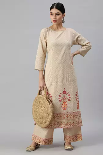 women's round neck floral foil print cream straight kurta and trouser