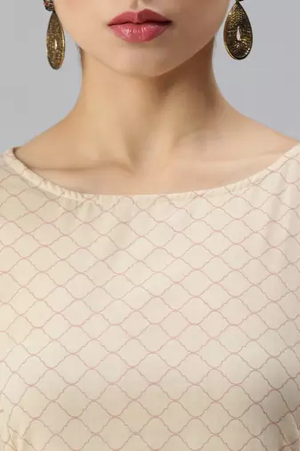 women's round neck floral foil print cream straight kurta and trouser