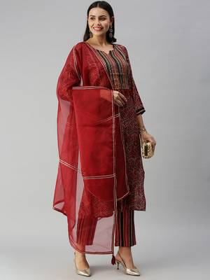 women's round neck ethnic motifs maroon straight kurta and trouser with dupatta 1