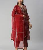 women's round neck ethnic motifs maroon straight kurta and trouser with dupatta