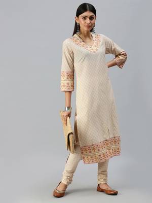 women's v-neck floral foil print cream straight kurta and trouser 1