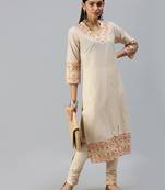 women's v-neck floral foil print cream straight kurta and trouser
