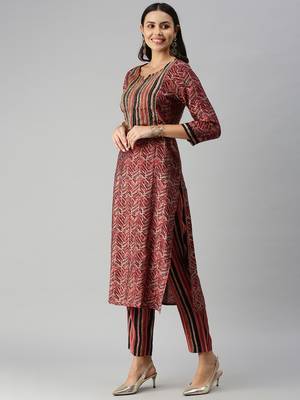 women's round neck ethnic motifs maroon straight kurta and trouser with dupatta 2