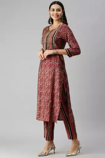 women's round neck ethnic motifs maroon straight kurta and trouser with dupatta