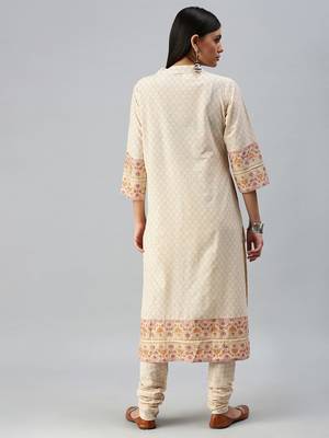 women's v-neck floral foil print cream straight kurta and trouser 2