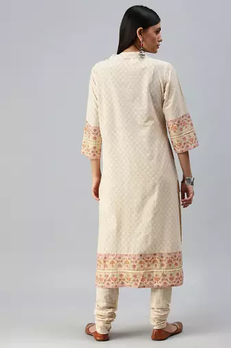 women's v-neck floral foil print cream straight kurta and trouser