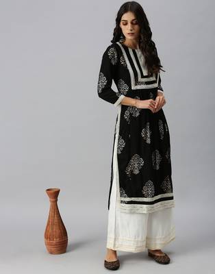 women's round neck ethnic motifs sequinned black a-line kurta and palazzos 1