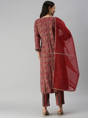 women's round neck ethnic motifs maroon straight kurta and trouser with dupatta 3