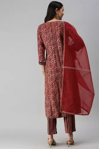 women's round neck ethnic motifs maroon straight kurta and trouser with dupatta