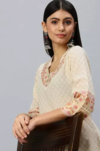 women's v-neck floral foil print cream straight kurta and trouser