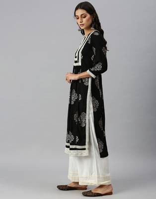 women's round neck ethnic motifs sequinned black a-line kurta and palazzos 2