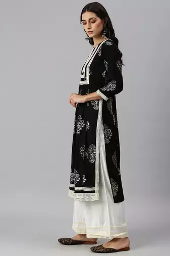 women's round neck ethnic motifs sequinned black a-line kurta and palazzos