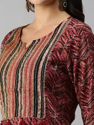 women's round neck ethnic motifs maroon straight kurta and trouser with dupatta 4