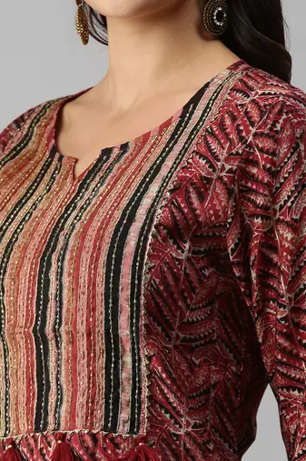 women's round neck ethnic motifs maroon straight kurta and trouser with dupatta