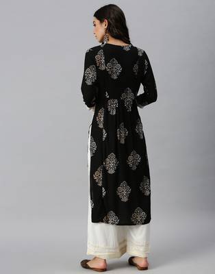 women's round neck ethnic motifs sequinned black a-line kurta and palazzos 3