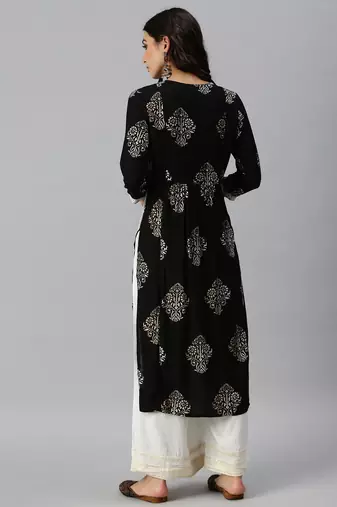 women's round neck ethnic motifs sequinned black a-line kurta and palazzos