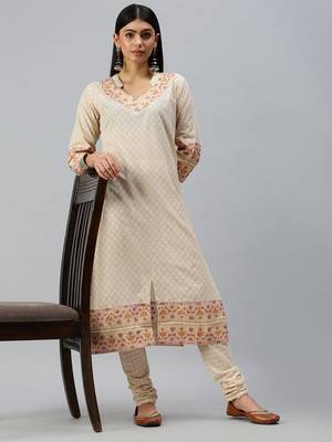women's v-neck floral foil print cream straight kurta and trouser 4