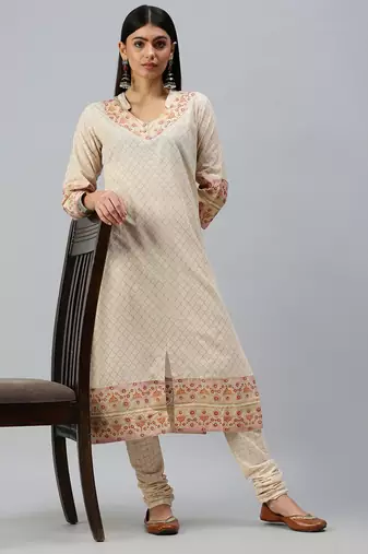 women's v-neck floral foil print cream straight kurta and trouser