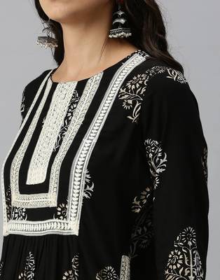 women's round neck ethnic motifs sequinned black a-line kurta and palazzos 4