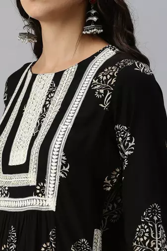 women's round neck ethnic motifs sequinned black a-line kurta and palazzos
