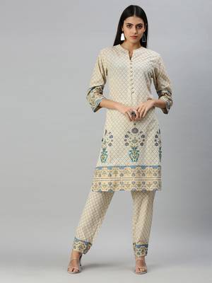 women's mandarin collar floral foil print cream straight kurti and trouser 1