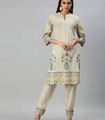 women's mandarin collar floral foil print cream straight kurti and trouser