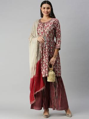 women's round neck ethnic motifs zardozi taupe a-line kurti and sharara with dupatta 1