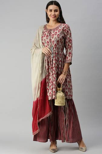 women's round neck ethnic motifs zardozi taupe a-line kurti and sharara with dupatta